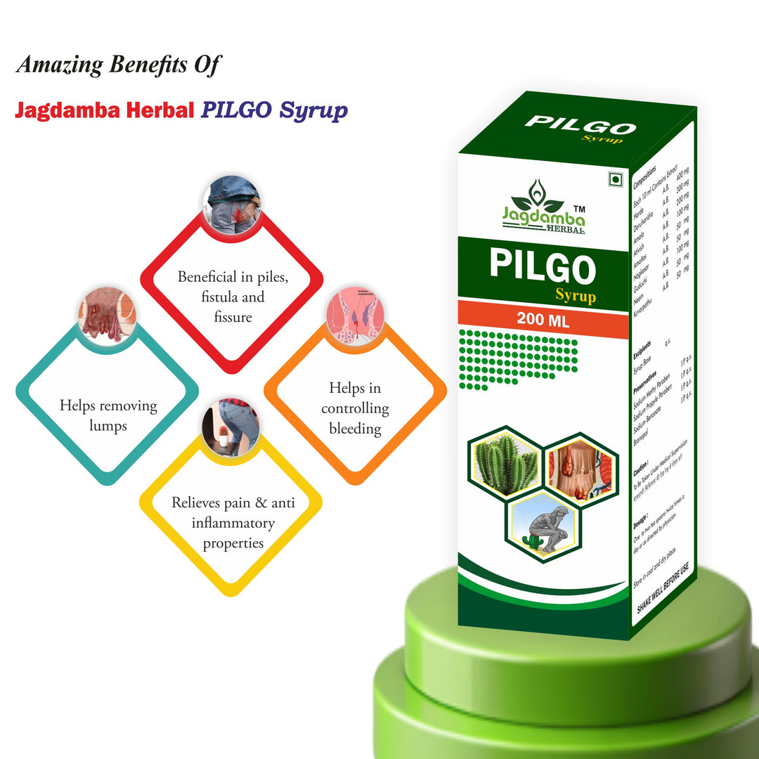Jagdamba Herbal PILGO Syrup packaging with benefits listed on a white background