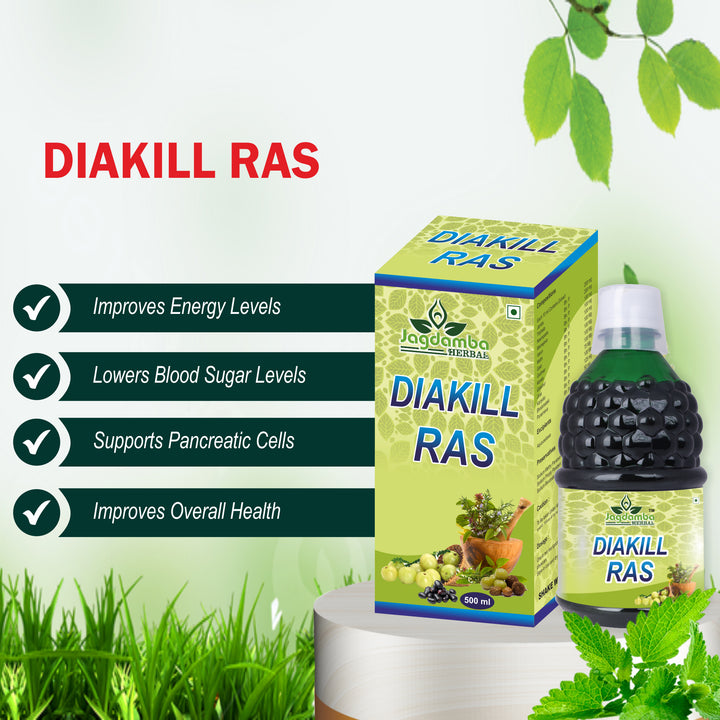 Diakill Ras product packaging with bottle and box on a green background
