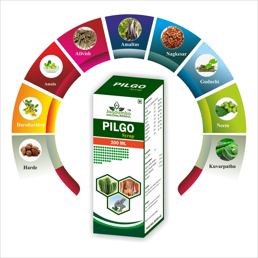 PILGO Syrup with Ayurvedic herbs for piles care, constipation relief, digestive health, bowel regularity and gut wellness.