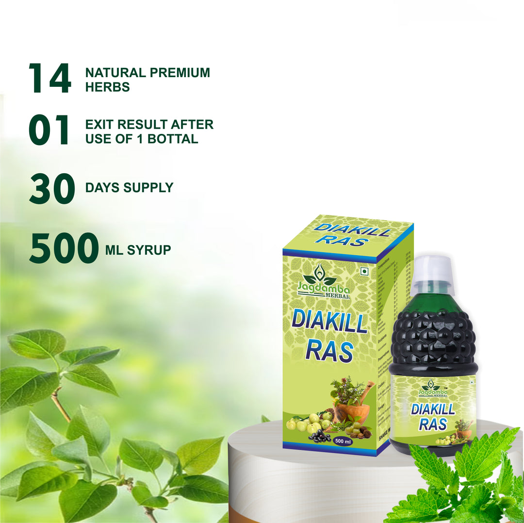 Diakill Ras syrup bottle and packaging with herbal elements on a green background