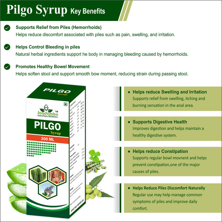 PILGO Syrup helps support relief from piles, bleeding hemorrhoids, constipation, fissure, fistula, itching and digestive discomfort.