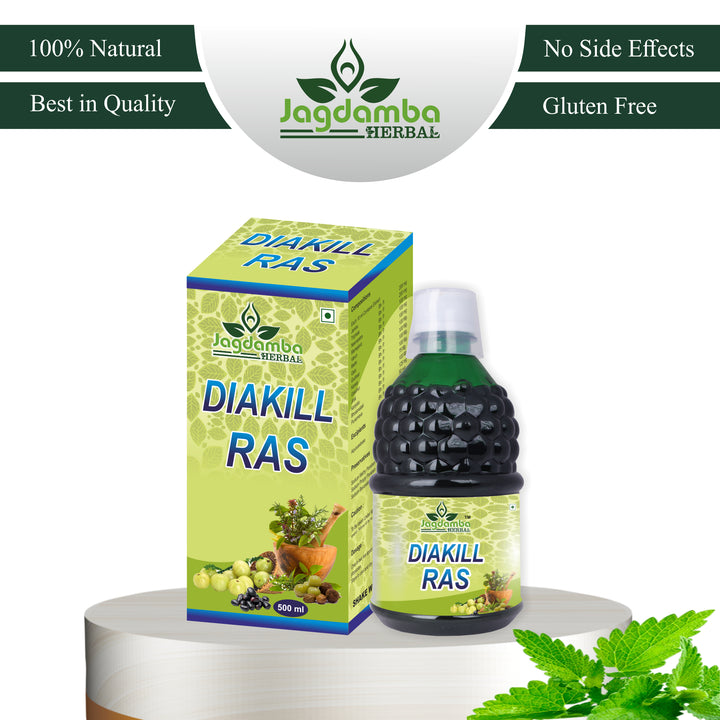 Jagdamba Herbal Diakill Ras bottle and packaging on a white background