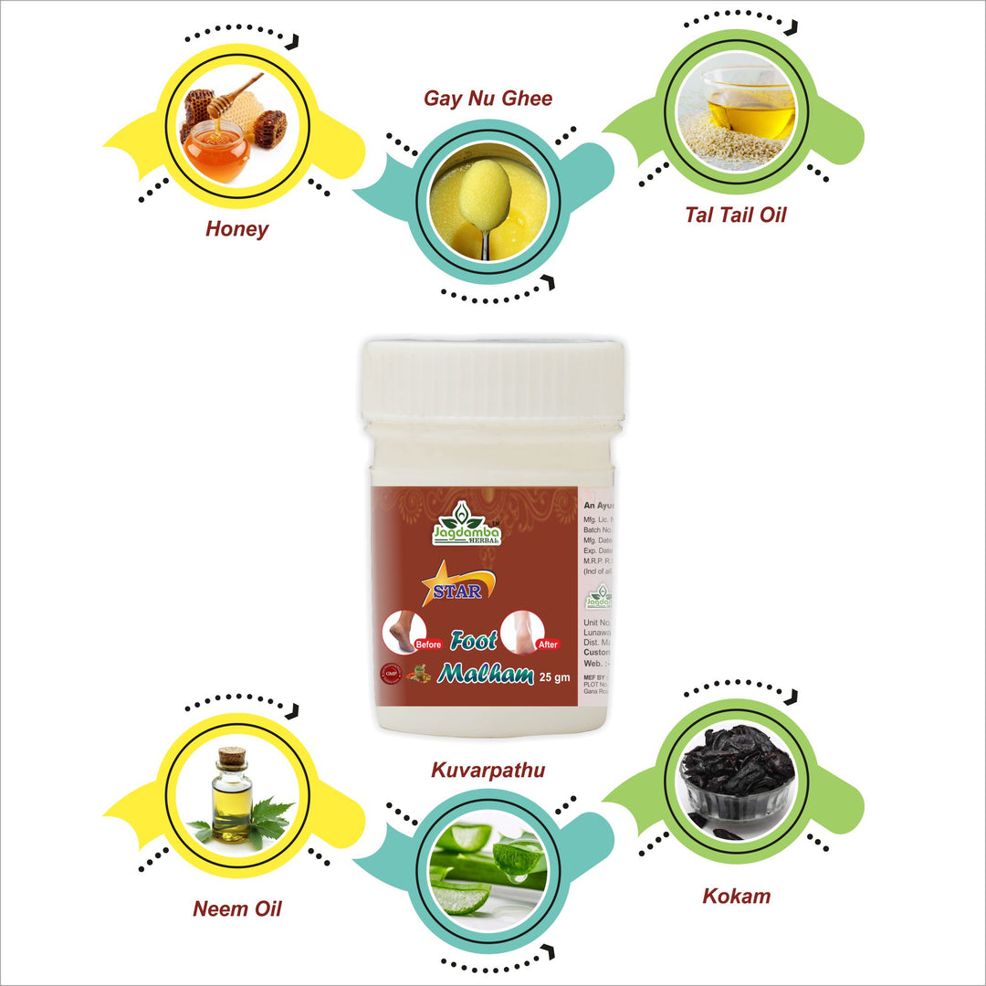 Star Foot Malham with natural Ayurvedic herbs and nourishing oils for cracked heel repair, dry skin care and healthy feet.