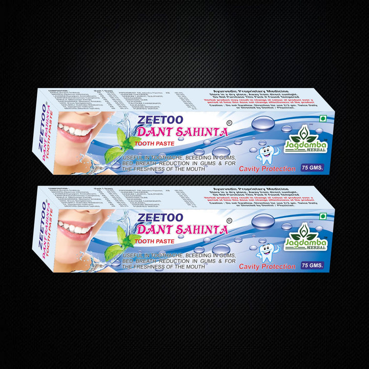 Two boxes of Zeetoo Dant Sahinta toothpaste on a black background