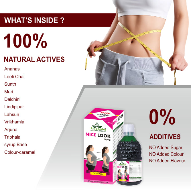 Nice Look Syrup Ayurvedic Ingredients | Garcinia, Green Tea, Triphala, Aloe Vera, Ginger and Natural Herbal Extracts for Weight Management and Digestive Health