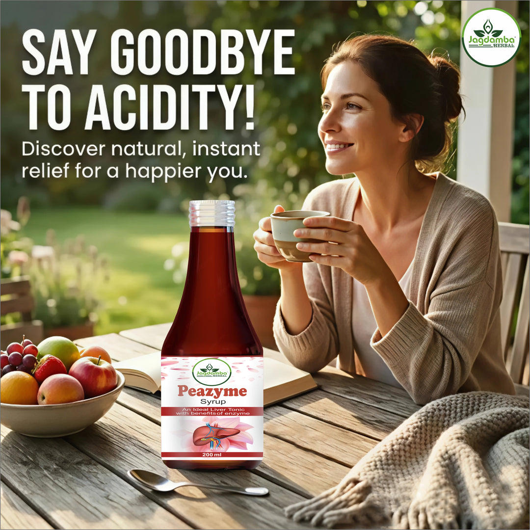 Woman enjoying a cup of tea with a bottle of Peazyme Syrup on a wooden table outdoors.