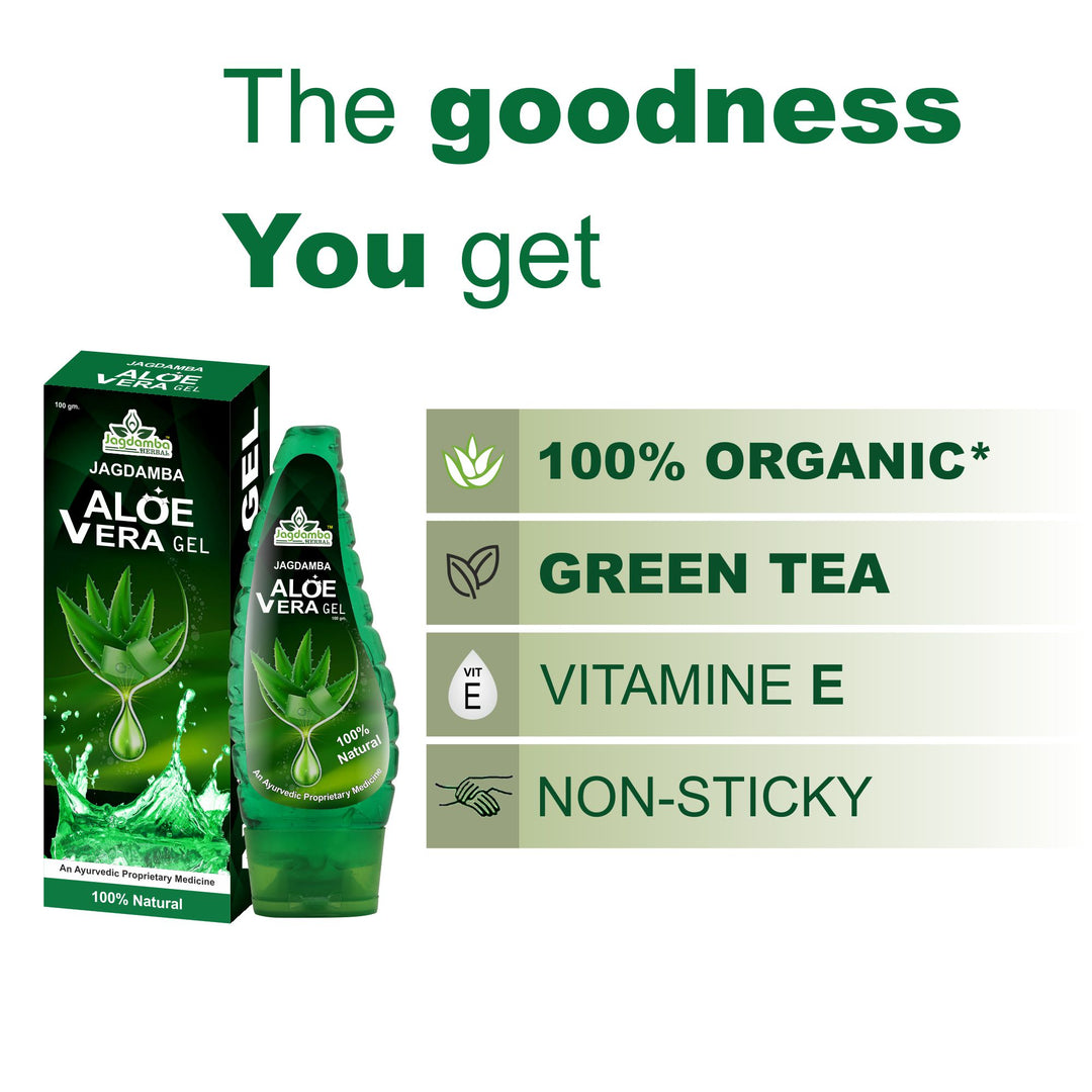 Jagdamba Aloe Vera Gel packaging with green tea, vitamin E, and non-sticky properties on a white background.