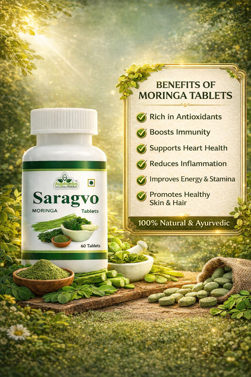Jagdamba Herbal Moringa Tablets Close-Up | Premium Ayurvedic Moringa Supplement for Daily Wellness, Nutrition and Immune Health