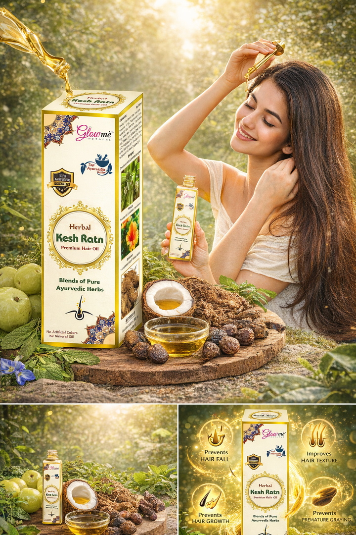 Herbal hair oil product with packaging and a woman using it outdoors.