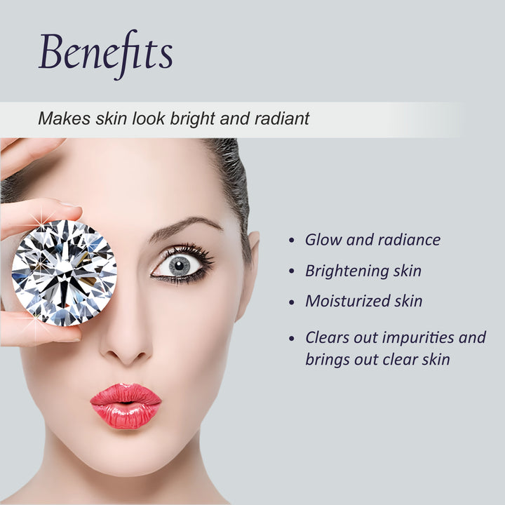 Woman holding a diamond next to her eye with text about skin benefits on a light gray background