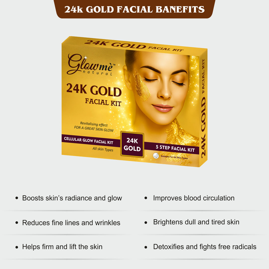 Glowme 24K Gold Facial Kit packaging with benefits listed on a white background