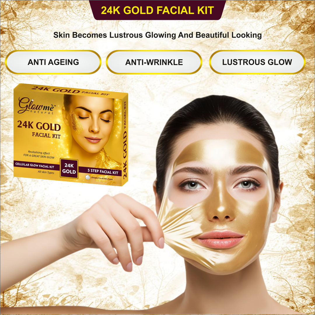 24K Gold Facial Kit packaging with a woman applying the mask, on a gold and white background.