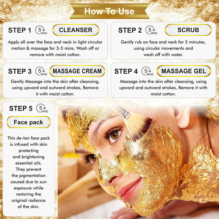Instructions on how to use a gold facial mask with step-by-step guide and application process.