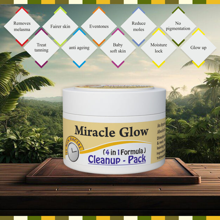 Jar of 'Miracle Glow' product with a tropical background