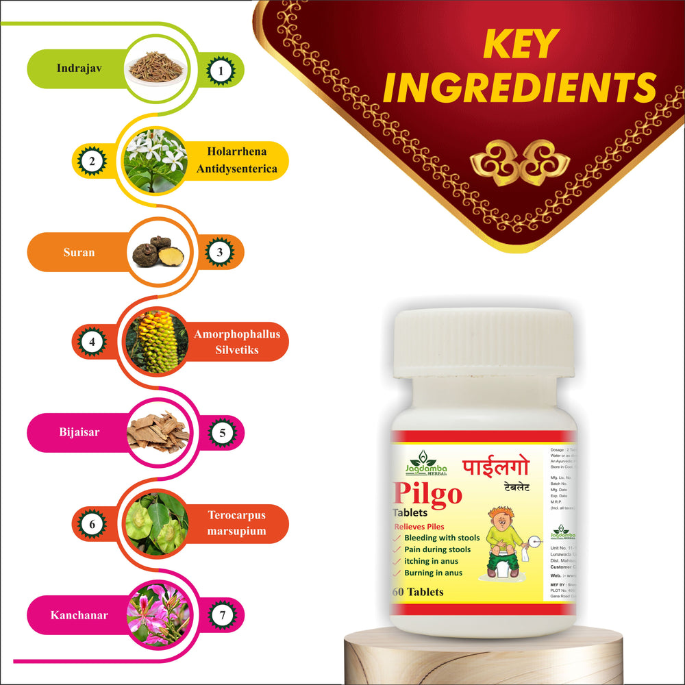 Pilgo Tablets Ayurvedic Ingredients | Haritaki, Nagkesar, Neem, Triphala, Arshoghni Herbs and Traditional Ayurvedic Ingredients for Digestive and Bowel Health