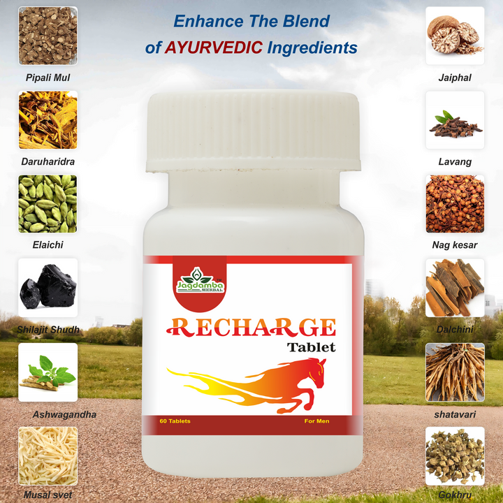 Recharge Tablets Ayurvedic Ingredients | Ashwagandha, Shilajit, Gokshura, Safed Musli, Amla and Natural Herbal Extracts for Energy and Vitality