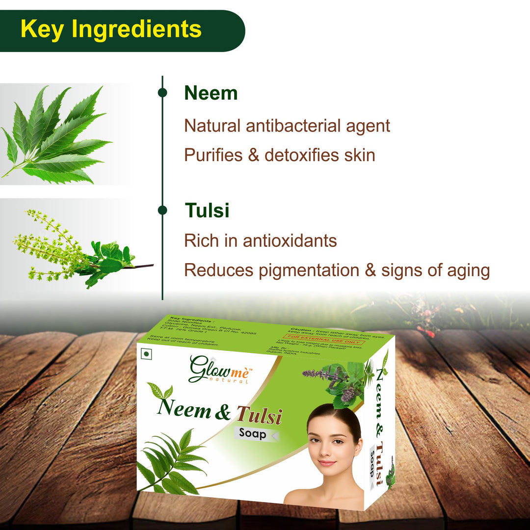 Neem and Tulsi soap packaging with key ingredients listed on a wooden surface