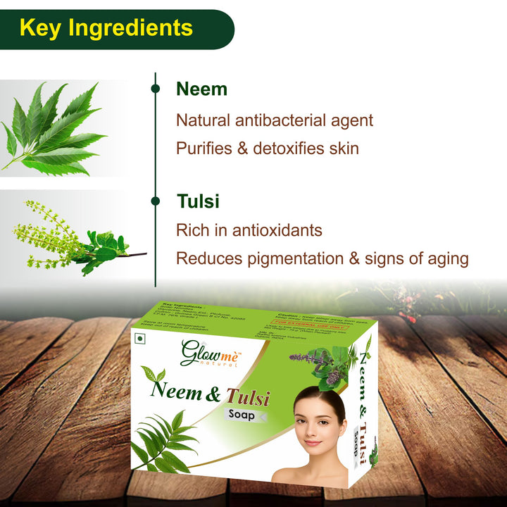 Neem and Tulsi soap packaging with key ingredients listed on a wooden surface