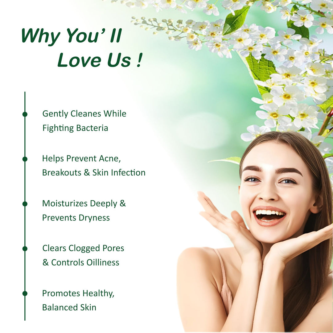 Woman with clear skin against a floral background with text about skincare benefits.