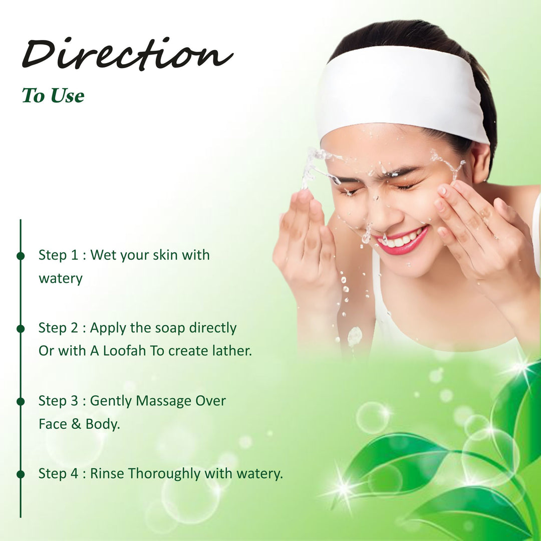 Woman washing her face with soap and water, with a green background and text on how to use the product.