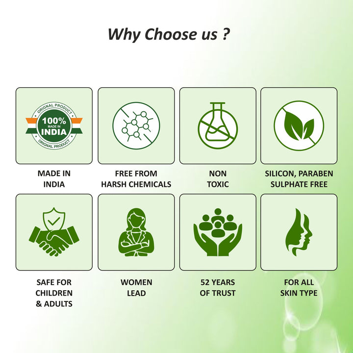 Green background with icons and text highlighting product features, including 'Made in India', 'Free from Harsh Chemicals', 'Non Toxic', and more.