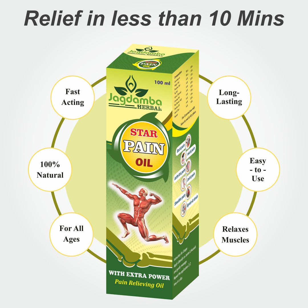 Star Pain Oil for sports injuries, muscle strain, ligament pain, sprains, sciatica and full body pain relief.