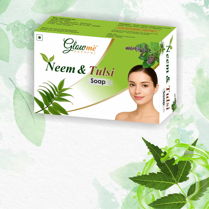 Neem & Tulsi soap packaging with a woman's face on a green leafy background