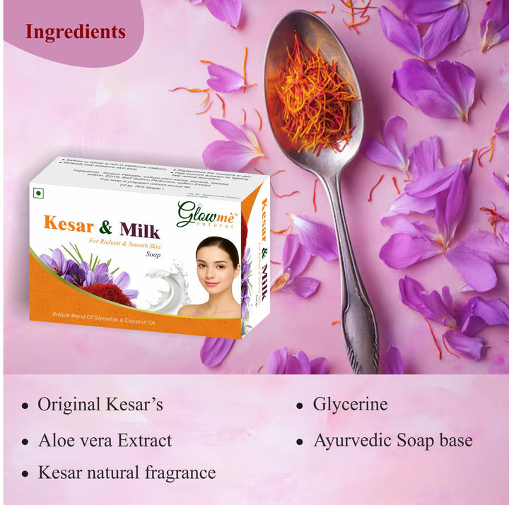 Glowme Kesar & Milk soap box with saffron strands and flowers on a pink background