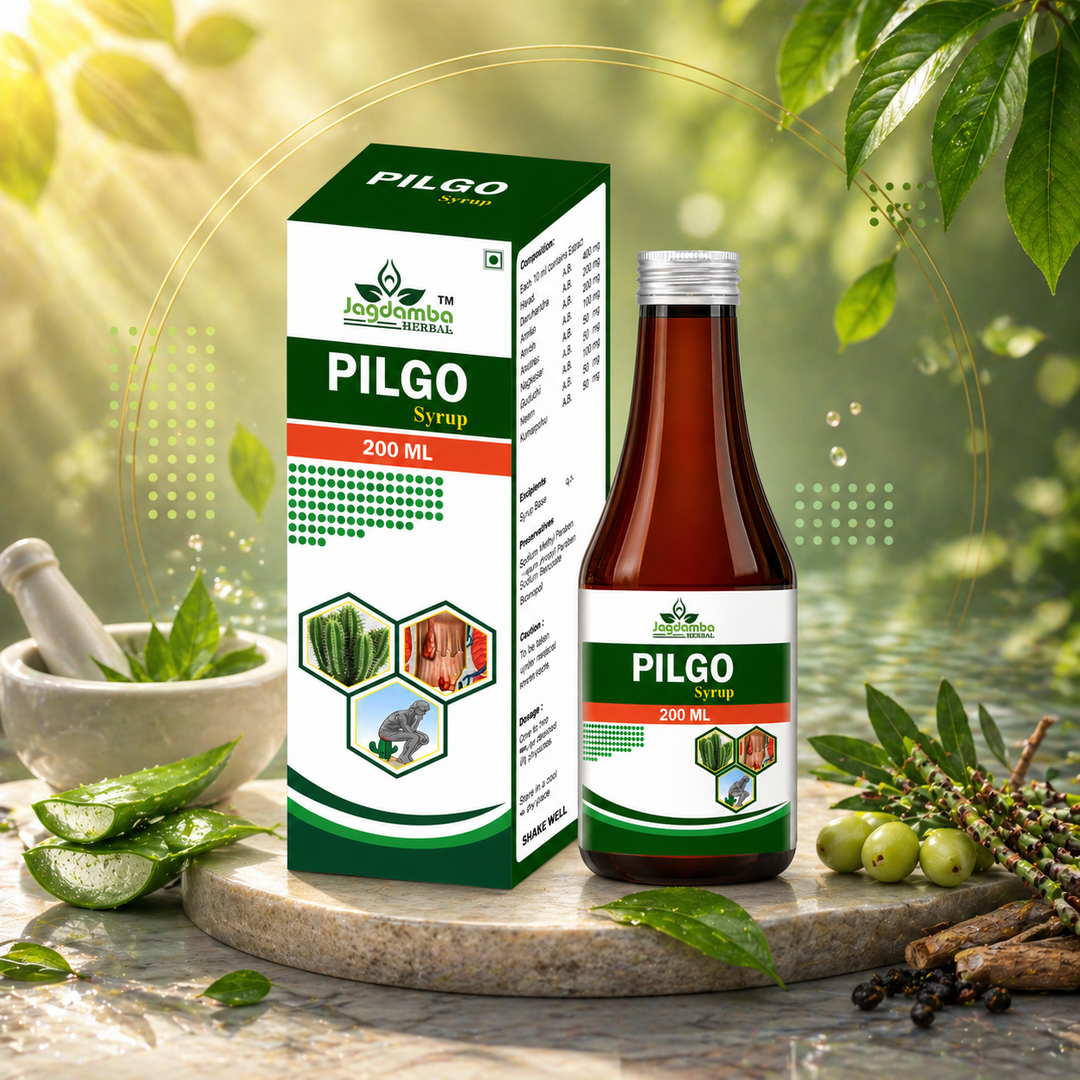 PILGO Syrup Ayurvedic herbal syrup for piles, hemorrhoids, constipation, fissure, fistula, digestive health and natural bowel support.