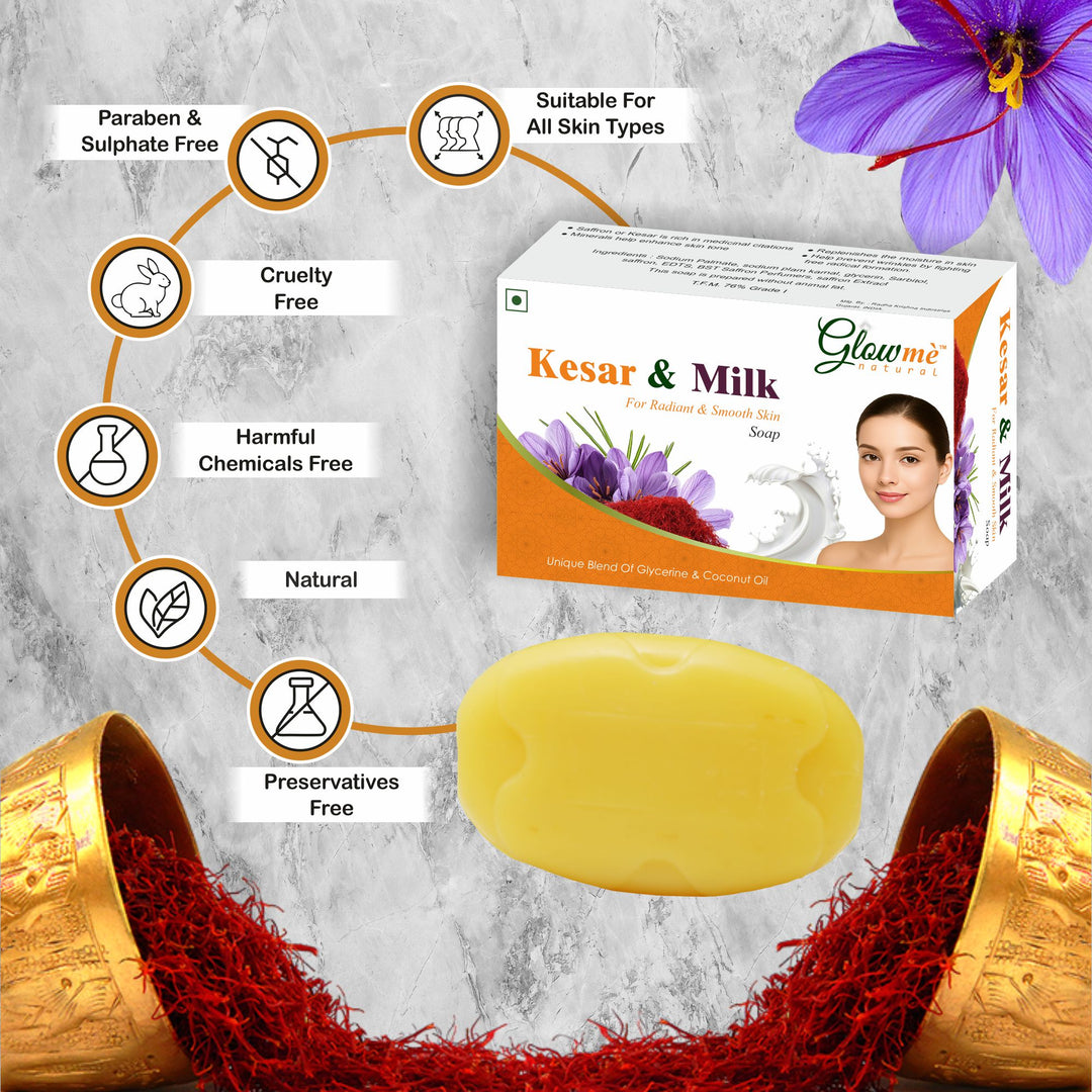 Kesar & Milk soap with packaging and decorative elements on a gray background