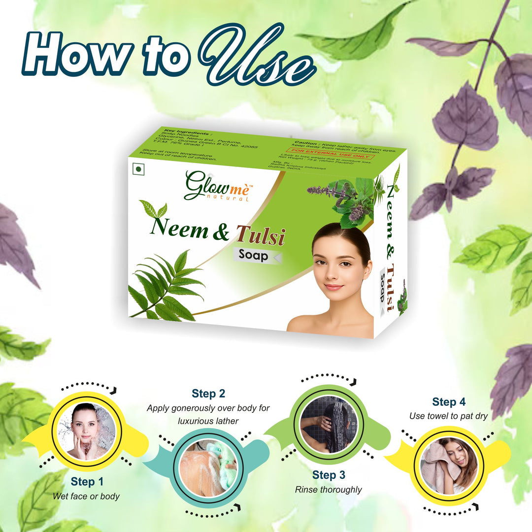 Glowme Neem & Tulsi Soap packaging with usage instructions on a green leafy background
