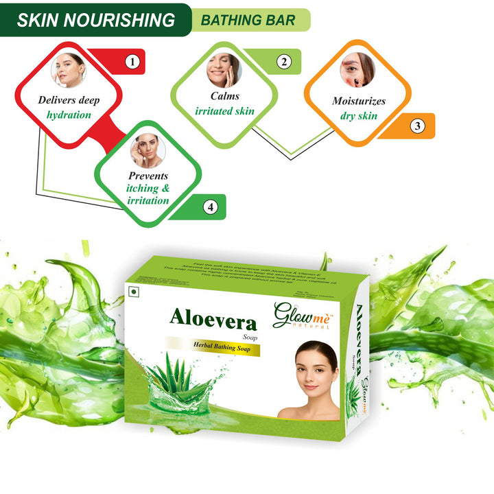 Aloe vera soap packaging with benefits listed on a white background