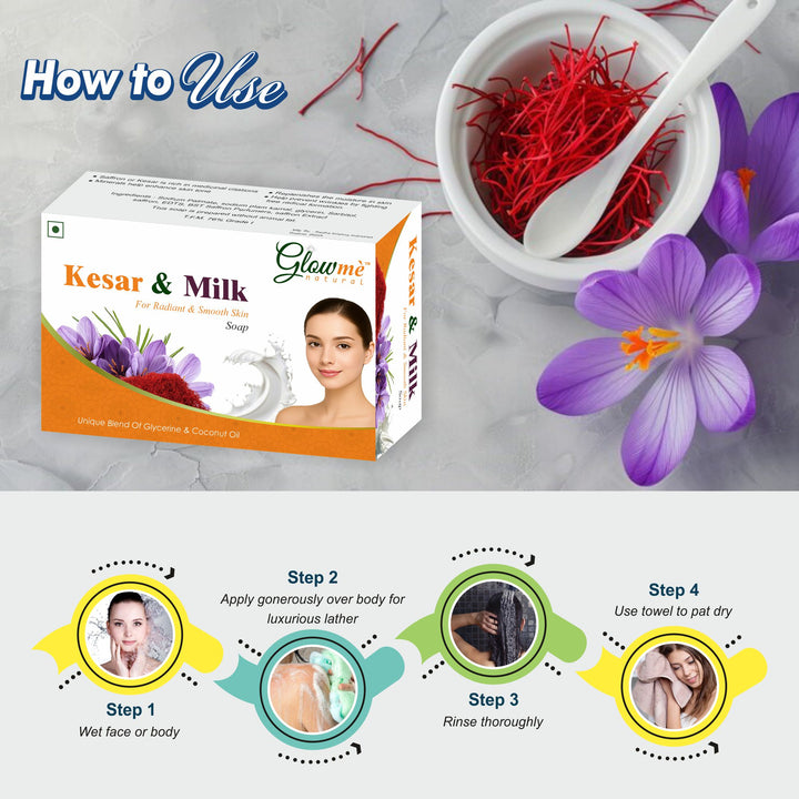 Kesar & Milk soap packaging with usage instructions and saffron on a gray background