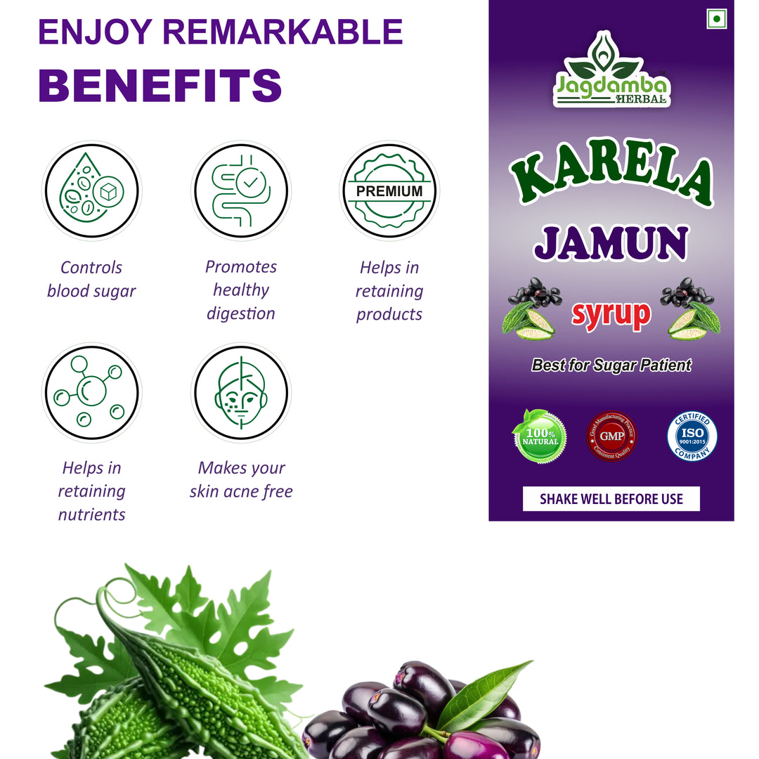 Close-up of Karela Jamun Syrup Ayurvedic herbal syrup for healthy metabolism, blood sugar support and digestive wellness.