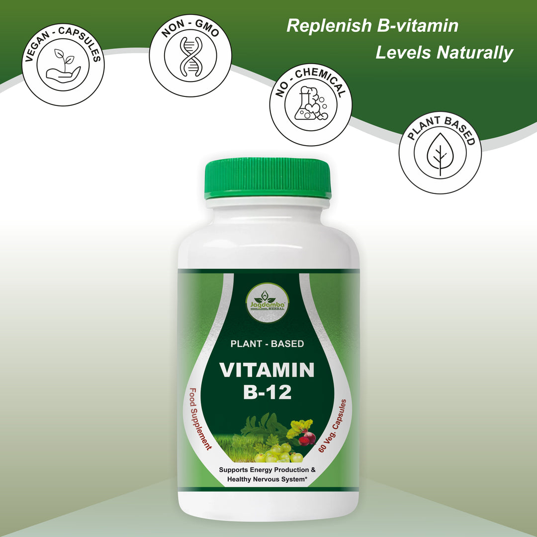 Vitamin B-12 supplement bottle with green cap and label on a light green background