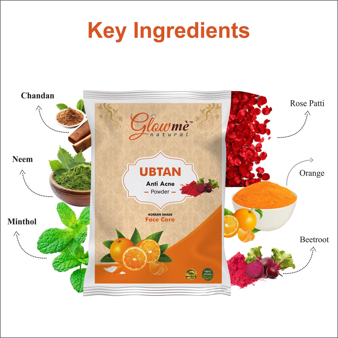 Glowme UBTAN Anti Acne Powder packaging with key ingredients displayed on a white background