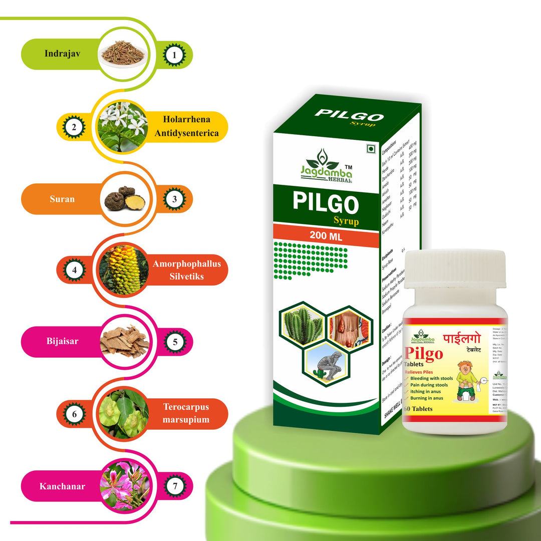 Jagadamba Herbal Pilgo Syrup and Tablets - Effective Ayurvedic Solution for Piles