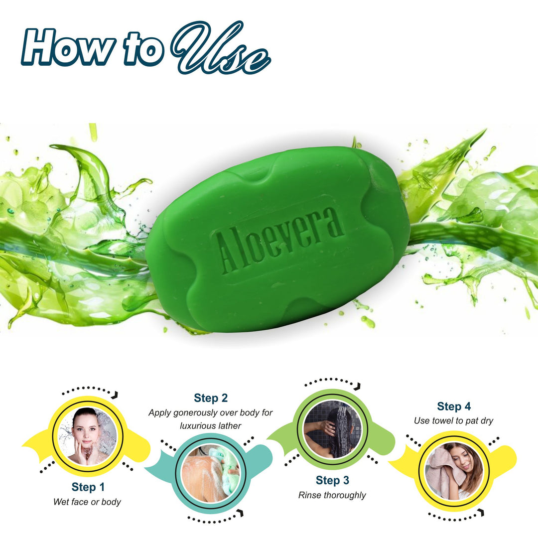 Green Aloe Vera soap bar with usage instructions on a white background