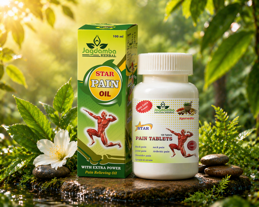 Jagdambo Herbal Star Pain Oil and Pain Tablets with a natural background